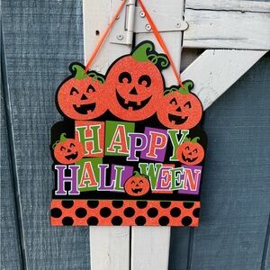 Festive Halloween Pumpkin Sign - Orange, Black, and Green